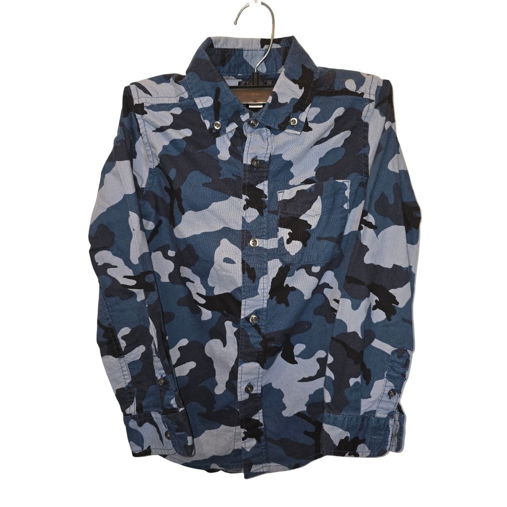 The Children's‎ Place Boys Blue Camo Button Down Shirt Long Sleeve Size S 5/6
